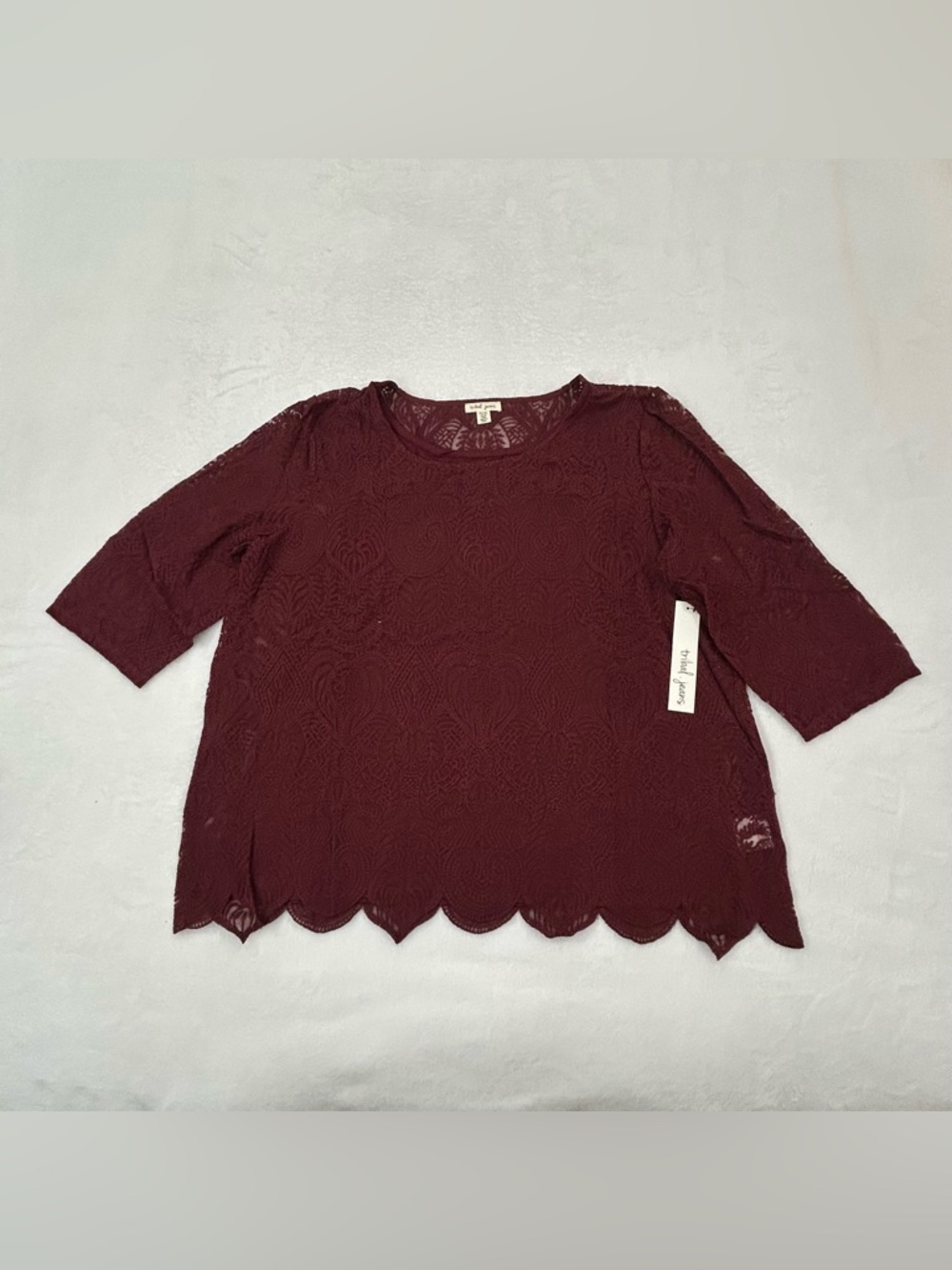 Tribal Jeans 3/4 Sleeve Round Neck Cabernet Wine Lace Shirt Blouse Women’s XL
